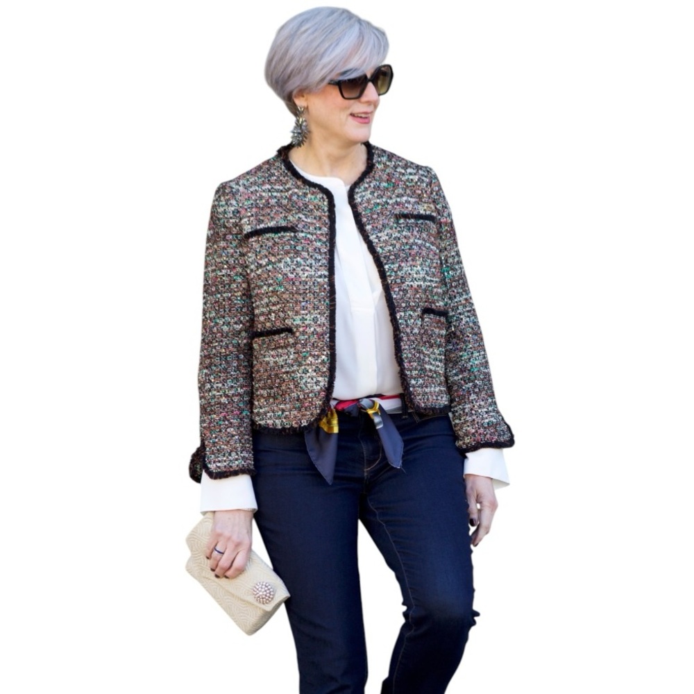 Ann Taylor Sequin Tweed Jacket Metallic Multicolor Fringe Trim Open Fron…